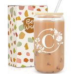 Gifts for Women, Birthday Gifts for Women, Personalised Gifts, 16oz Initial Glass Cup with Lids Straws, Monogrammed Gifts, Personalised Custom Cute Gifts for Women, Mom, Teachers, Friends, Initial C