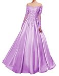 BessDress Off The Shoulder Formal Ball Gown Lace Illusion Long Sleeves Evening Party BD282, Lilac-2, 22