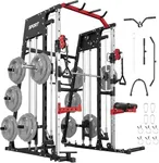 Festisoul Smith Machine Home Gym – Power Cage with Smith Bar, LAT Pulldown, Cable System & Attachments – 2200LBS Capacity, Red & Black, Compact for Home Use