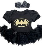 Baby Girl's Gold Batman Black Tutu Romper Bow Headband, Newborn Superhero Fancy Dress Costume Gift Present (0-3 Months)