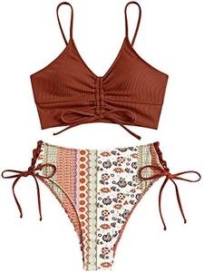 ZAFUL Women V Neck Ruched Bikini Set High Waisted Drawstring Floral Print 2 Piece Bathing Suit Swimsuits, Brown, Small