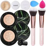 2PCS Air Cushion CC Cream Natural Foundation, Phoera Powder, Phoera Makeup ,Bright Makeup Base Long Lasting with Makeup Sponge and Flat Top Kabuki Foundation Brush (# 02 Natural)