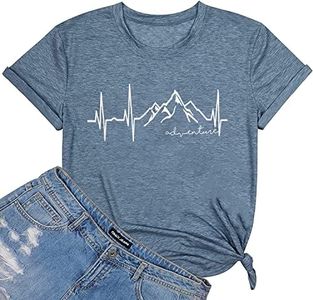 Women Graphic Tees Mountain Adventure Shirts Heartbeat Hiking Camping Letter Print Tshirts Casual Short Sleeve Tee Tops-Blue M