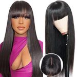 Straight Glueless Human Hair Wig With Bangs, 2x4 Lace Front Wigs Human Hair For Balck Women 180% Density,Wear And Go Glueless Wig Human Hair With Fringe, Black Virgin Brazilian Real Human Hair 26 Inch