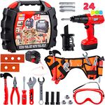 24 Pieces Kids Construction Tool Toy Kit Playset with Workshop Carry Case, Construction Worker Costume Belt, Electric Toy Drill and Other Construction Toy Accessories