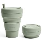 STOJO- Stojo Titan Collapsible Travel Cup with Straw Sage Green, 24Oz / 710Ml Reusable to Go Pocket Size Silicone Cup for Hot & Cold Drinks Camping and Hiking Microwave & Dishwasher Safe