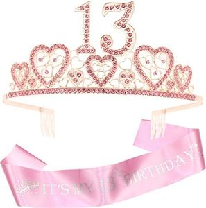 13th Birthday Sash and Tiara for Girls - Fabulous Set: Glitter Sash + Hearts Rhinestone Pink Premium Metal Tiara, 13th Birthday Gifts for Teenegers Party