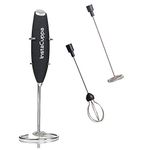 InstaCuppa Milk Frother Handheld Battery Operated Electric Foam Maker with Stainless Steel Whisk,Included Stainless Steel Stand and 2 Whisks,Black