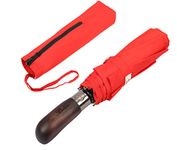 Balios® Prestige Travel Umbrella, Real Wood Handle, Auto Open & Close, Vented Windproof Double Canopy, Designed in UK (Vibrant Red with Real Wood Handle)