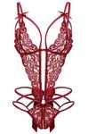 Donnalla Women's Deep V Lace Teddy One Piece Lingerie Cutout Strappy Lingerie, Dark Red, Small