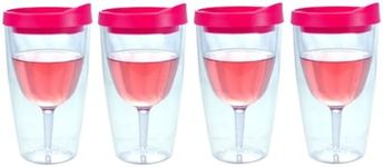 Southern Homewares Wine Tumbler - 16oz Insulated Vino Double Wall Acrylic With Pink Drink Through Lid 2Go! 4 Pack Pair