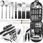 Portable Camping Kitchen Utensil Set-27 Piece Cookware Kit, Stainless Steel Outdoor Cooking and Grilling Utensil Organizer Travel Set Perfect for Travel, Picnics, RVs, Camping, BBQs, Parties and More