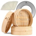 HAPPi STUDIO Bamboo Steamer 10 inch - 2-Tier Large Bamboo Steamer Basket with Stainless Steel Steamer Ring Set - Premium Dumpling Steamer Basket - Food Steamer for Cooking Bao Buns - Steam Basket