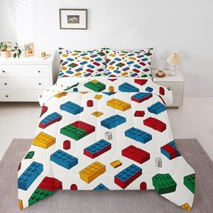 Feelyou Building Blocks Comforter Set Full Size Kids Toy Brick Comforter for Boys Teens Gaming Games Bedding Set Breathable Colorful Duvet Set Room Decor Quilt Set