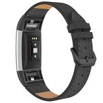 Simpeak Leather Band Compatible with Fitbit Charge 2, Genuine Leather Wristband Strap for Fitbit Charge 2, Black Band+Black Adaptor