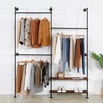 EDCB Industrial Pipe Clothing Rack Wall Mounted - Heavy Duty Wood Shelves Garment Display for Bedroom/Retail Stores, Steampunk Clothes Hanger Organizer, Black(91.7X74.8inch)