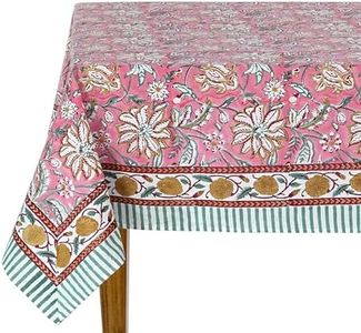 Ridhi Candy Pink Hand Block Print Cotton Rectangle Tablecloth 190" x 72" inches Reusable Table Cover Decorative Everyday Use for Dining Room, Farmhouse, Home Gift for Spring, Mother's Day