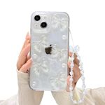 Ownest Compatible with iPhone 15 Case with Clear Cute 3D Bowknots and Pearl Aesthetic Patterns for Women Teen Girls, Glitter Sparkle Back and Full Lens Protection Protective Phone Case Cover + Chain