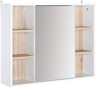 HOMCOM Armario Espejo con Espacio Interno con Estantes Ajustables Armario de Baño Montado en la Pared con Estantes Abiertos 60x14,5x49,4 cm Blanco y Roble