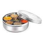 Cello Steelox Stainless Steel Masala Dabba/Spice Box with See Through Lid, 7 Containers and 2 Small Spoons, (150mlx7), Silver, Large