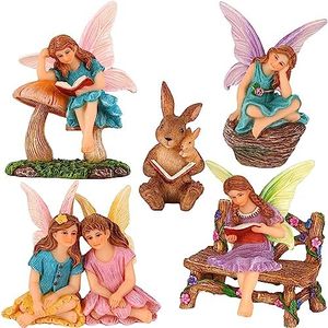 Mood Lab Fairy Garden - Miniature Reading Fairies Figurines Set - Statues & Accessories Decor Kit of 6 pcs