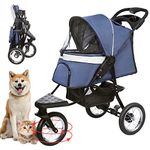 LPOTIUS Dog Stroller Pet Stroller Premium Heavy Duty Pet Stroller for Small Medium Dogs & Cats, 3-Wheel Cat Stroller No-Zip, Foldable Dog Stroller with Suspension System/Link Brake/One-Hand Fold, Max.55 LBS Blue