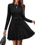 Hotouch Women's Long Sleeve Casual Dress Fall Winter O Neck Ribbed Knit A Line Pullover Sweater Dress with Belt Black M