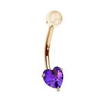 14k Solid Yellow Gold Genuine Amethyst Heart Belly Button Navel Ring Body Art