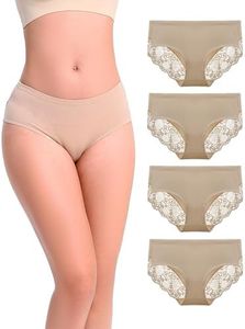 LIQQY Women's 4 Pack Cotton Mid Rise Pretty Lace Back Full Coverage Brief Panty Underwear (Nude, X-Large)
