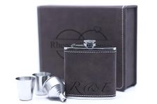 Engraved Hip Flask Gift Set, 6oz, Black/Silver, Personalized Design Options, Funnel Included (Script, 6oz Leather (Dark Brown))