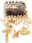 White Real Pearl Rose Gold Beads Catholic Rosary Cross Necklace Supper Box, 24" (61CM) long, elegantmedical