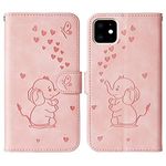 Tiyoo Phone case for iphone 11 Embossed Love Heart Elephant Butterfly Pattern Folding Stand PU Leather Wallet Flip Cover Protective Case with Card Slots, Magnetic Closure (Pink)