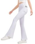 JOCMIC Girls Flare Leggings Kids Bell Bottom Pants V Cross High Waisted Dance Yoga Athletic Leggings White, 7-8 Years, Tag130