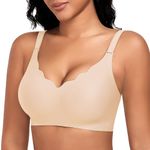 DOCUMO Wireless Bras for Women No Underwire Wavy V Neck Soft Full Coverage with Lift and Support Seamless Bralettes Comfortable Bra(Nude,Medium)