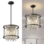 LMQNINE Dining Room Light Fixture Semi Flush Mount Ceiling Light Fixture,Black Metal Crystal Lndustrial Farmhouse Chandelier for Hallway Entryway Bedroom Balcony Kitchen Island Dining Room (3-Light)