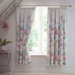 Dreams & Drapes - Garden Flower, Butterfly & Bird Curtains W66 x L72 (168 x 183cm) - 2x Panels - Pencil Pleat - Vintage Floral Curtains & Drapes for Bedroom/Living Room - Blue/Pink Pleated Curtains