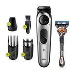 Braun Beard Trimmer for Men BT5260, Cordless & Rechargeable Hair Clipper, Detail Trimmer with Gillette ProGlide Razor, 39 length settings, 5min quick charge, 100 min runtime, Black/Silver Metal