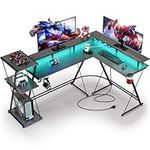 SEVEN WARRIOR L Shaped Gaming Desk, 58.3" Reversible Computer Desk with LED Lights & Power Outlets, Corner Desk with Storage Shelf & Monitor Stand, L Shaped Desk with Cup Holder, with Hooks, Black