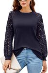 HAOMEILI Women's Long Sleeve Tops Lace Casual Loose Blouses T Shirts (Large, Navy)