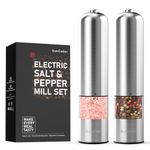 SimCoker Electric Salt and Pepper Grinder Set, Battery Operated Mill Automatic Operation One Hand, Adjustable Coarseness Powered Mills LED Light, Kitchen Stainless Steel Grinders, 2 Pack