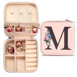 Seorsok Personalized Letter Jewelry Box, PU Leather Travel Portable Case with Mirror, Mini Pink Alphabet Flower for Women Mom Girls Gift, Jewelry Storage Case for Rings Earrings Necklace, Letter M