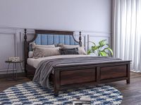 Sheeshamwallah Wooden Queen Size Bed Without Storage | Cot for Bedroom with Blue Upholstered Cushion Headboard | Solid Wood Sheesham, Walnut Finish | Mattress Size: 78 X 60