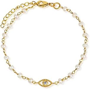 KARMA AND LUCK - Dreamlike Protection - Women's Real Pearl Stone 18K Gold Plated Brass Evil Eye Deflect Negativity Charm Adjustable Bracelet Handmade with Love in India