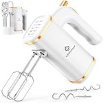 LINKChef Anti-Splash Hand Mixer Electric Whisk with Storage Base, 5-Speed White Electric Hand Whisk for Baking, 450W, Hand Held Food Mixer with Beaters and Dough Hooks, Eject Button, Turbo Boost