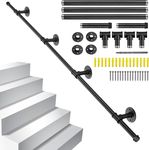 12FT/3.66M Industrial Pipe Stair Handrail - OZHOMY Wall Mount Grab Bar Anti-Slip Banister Rails, Black Galvanized Steel - Elderly & Child Safety for Indoor & Outdoor Stairs