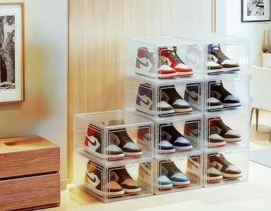 JECCICHY 10 Pack Clear Shoe Storage Boxes Stackable, Plastic Shoe Boxes with Lids, Sneaker Storage, Transparent, Thick Hard, Drop Front Door, Within US Size 13, Size: 13.54”x10.63”x7.48”