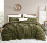 Nayoroom Fluffy Faux Fur Duvet Cover Queen Size Velvet Flannel Olive Green Striped Reversible Comforter Cover Winter Shaggy Plush Fuzzy Bedding Set Soft Microfiber Quilt Cover with Zipper Closure