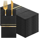 100 Pieces Black Dinner Napkins Cloth Like with Built in Flatware Pocket Gold Trim Lined Disposable Linen Feel Dinner Napkins Black and Gold Napkins Pre Folded Paper Napkins Parties Dinners or Events