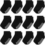 JAKIDAR 12-Pair Baby Socks Non-Slip Cotton Toddler Socks Ankle Socks for Baby, Black 4-7T