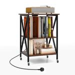 Multigot Record Player Stand, 3 Tiers Industrial Rolling End Table with Lockable Wheels, Metal Guard and Storage Shelf, Wooden Nightstand Sofa Side Table (with Charging Station, Brown)